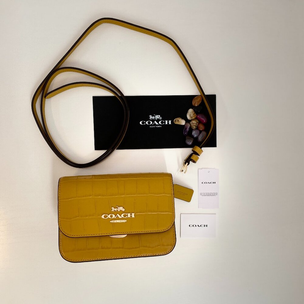 NWT COACH Mini Brynn Crossbody Purse Crocodile Flax Leather Zip Push Lock C5627